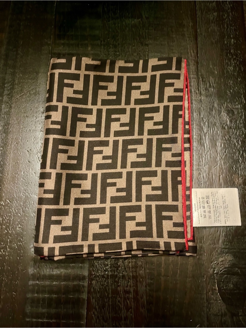 Fendi Black and Cream Monogram Scarf with Red Trim